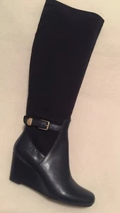 Isaac Mizrahi Krystal Tall Boots Navy Blue Leather/Fabric Wedge Zip 5M - Picture 1 of 9