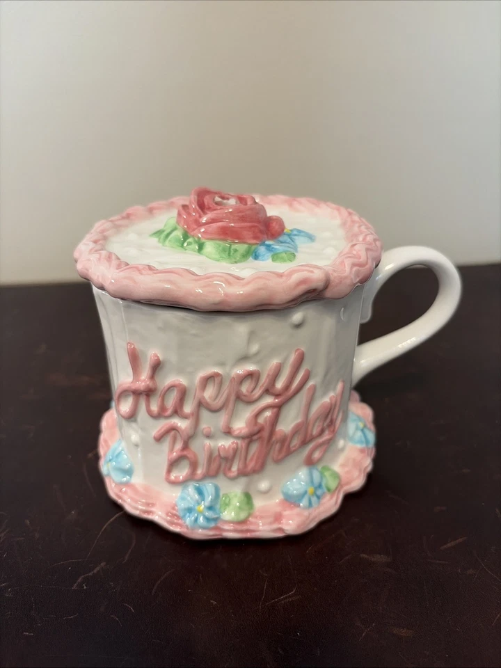 Taza de pastel floral vintage Teleflora feliz cumpleaños tapa cubierta taza Foto 1 de 4