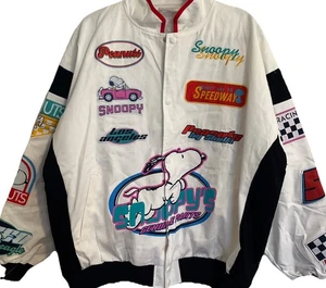 Neu mit Etikett L Peanuts Snoopy Damen-Motorradjacke mit Patch Racing übergroße Passform weiß r1 - Bild 1 von 12