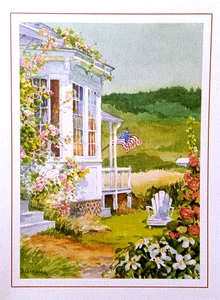Tarjeta de felicitación artística de colección casa de campo jardín flores Betty Giroux - Imagen 1 de 1