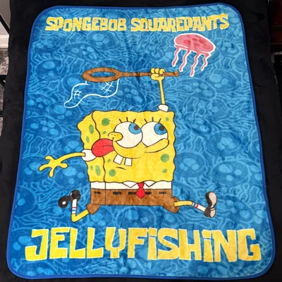 Vtg Y2K SpongeBob Squarepants Jellyfishing Plush Fleece Throw Blanket 50x60 RARE - Image 1 of 4