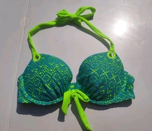 Victoria Secret Bombshell Push Up Bikini Top 34C Yellow w/Blue Overlay - Picture 1 of 3