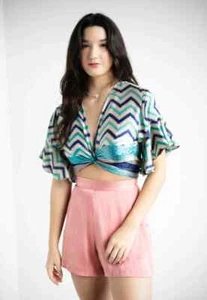 Top envolvente de seda reciclado vintage indio de 10 piezas, top corto hippie para mujer - Imagen 1 de 2