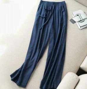 Elastic Waist Wide Leg Long Straight Pants Women Linen Loose Casual Drawstring - Picture 1 of 9
