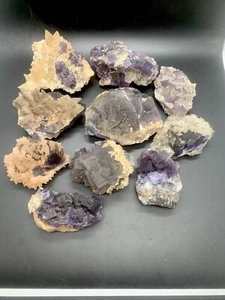 3180 Grams Beautiful Purple Fluorite With Calcite Specimens 10 Pieces Lot. - Picture 1 of 18