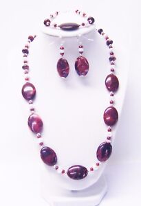 Oval Burgundy Swirl Acrylic Bead Necklace/Bracelet/Earrings Set
