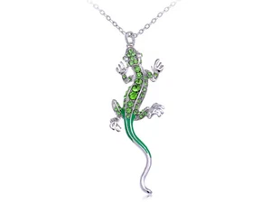 Green Peridot Hand Painted Rhinestone Crystal Anole Lizard Pendant long necklace - Picture 1 of 4