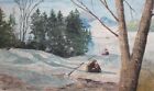 Antique watercolor painting winter landscape signed 
