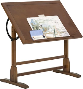 Vintage Drafting Table Antique Design Solid Wood Angle Adjustable Rustic Oak - Picture 1 of 13