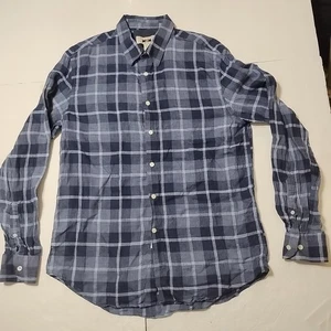 Joseph Abboud Shirt Large 100% Linen Blue Plaid Long Sleeve - Picture 1 of 6
