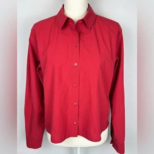 Eileen Fisher Washed Organic Cotton Poplin Short Shirt Long Sleeves Red Small - Picture 1 of 9