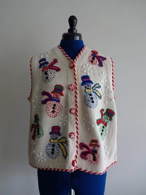 EAGLES EYE VINTAGE Christmas Holiday SNOWMEN Hand Knit SWEATER VEST Womens L - Image 1 of 4