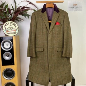 Hawes & Curtis (44S) Velvet Collar Overcoat COVERT Jacket Windowpane TWEED - Picture 1 of 15