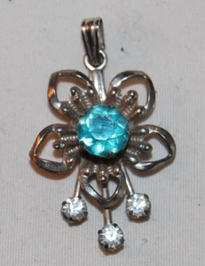 Ciondolo vintage VAN DELL argento sterling strass blu floreale - Foto 1 di 2