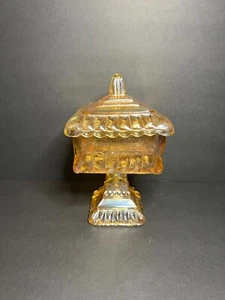 Vintage Jeannette Orange Carnival Glass Square Pedestal Candy Dish w/ Lid 6.5" - Picture 1 of 7
