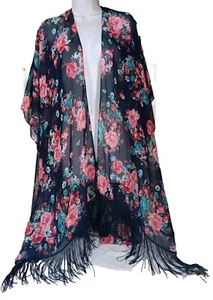 Torrid Ruana Mandala Shawl Cover Up One Size Turquoise Pink Floral On Navy Blue - Picture 1 of 5