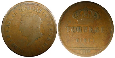 Italian States NAPLES Ferdinand I Copper 1819 10 Tornesi Ducat 39mm KM# 290 (10) - Image 1 of 3