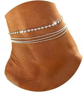 Boho Layered Crystal Anklets Silver Rhinestone Ankle Bracelets Chain Beach Foot - Picture 1 of 6