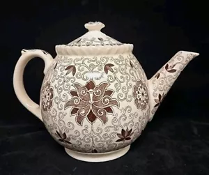 Antique Art Deco Masons Ironstone Bow Bells Teapot With Lid Brown & Cream White - Picture 1 of 10