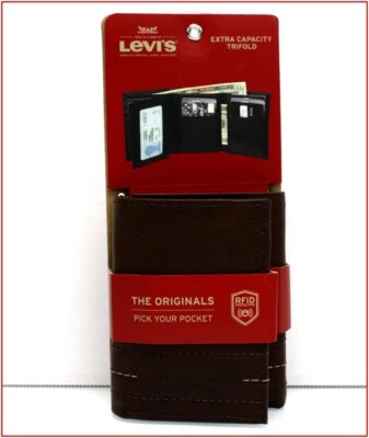 Бумажник Levis мужской дополнительной емкости тройного сложения кожаный с логотипом - откидной идентификатор - RFID - КОРИЧНЕВЫЙ - Изображение 1 из 4