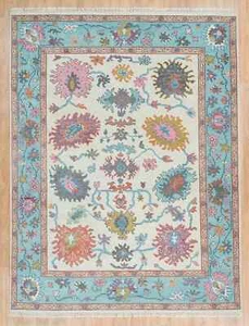 New Oushak Rug Hand-Knotted Contemporary Living Room Area Rug Crean And Blue - Picture 1 of 10