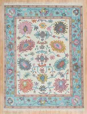 New Oushak Rug Hand-Knotted Contemporary Living Room Area Rug Crean And Blue - Image 1 of 4