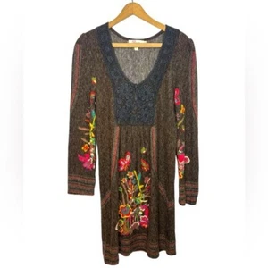 ARYEH Boho Artsy Peasant Floral Print Lace Crochet Mixed Media Long Sleeve Dress - Picture 1 of 9