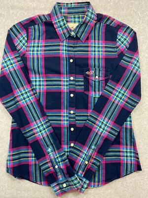 Camisa Hollister Mujer Talla Pequeña Blusa RosaAzul Suave Franela Cuadros Informal Foto 1 de 4