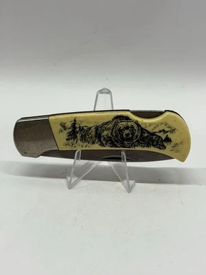 SABRE Vintage Scrimshaw Pocket Knife Bear Single Blade Knife - Image 1 of 4