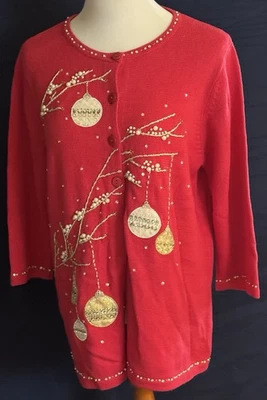 Suéter de Navidad rojo grande Quaker talla de fábrica de colección con cuentas, lentejuelas y cintas Foto 1 de 4