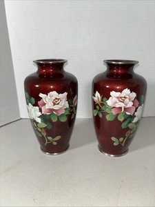 Pair Vintage Japanese Closionne Vase Pigeon Blood-Red Foil with Floral 7.25” - Picture 1 of 9