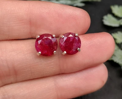 Natural Deep Red Ruby Stud Earrings 925 Solid Silver Ruby Studs Gift For Girls - Image 1 of 4