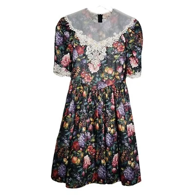 Vestido babero floral vintage Jayne Copeland niñas talla 14 negro algodón fiesta Foto 1 de 4