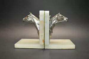 Terminales de libro únicos de caballo de piedra de ónix de bronce plateado checo art deco - Imagen 1 de 6