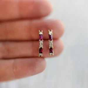 1Ct Baguette Cut Lab Created Ruby Diamond Hoops Earrings 14K Yellow Gold Plated - Picture 1 of 4
