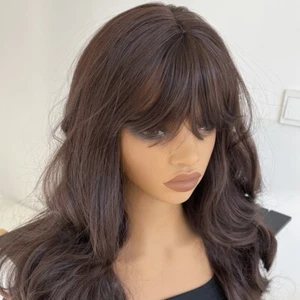 Soft Synthetic Hair Long Wavy Women Choc Brown Dress Up Wigs With Bangs - Picture 1 of 8