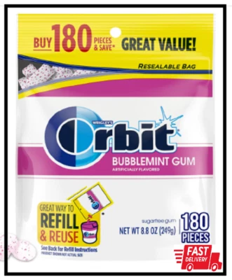 ORBIT Bubblemint 无糖口香糖,8.8 盎司可重新密封袋,180 件 — 第 1/2 张图片