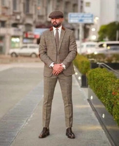 Men Plaid Suits 3 Piece Slim Fit Single Breasted Business Party Blazer+Pant+Vest - Picture 1 of 9