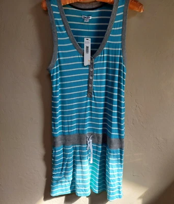 DKNY Women's Small Striped Mini Tank Dress Blue Sleeveless Drawstring Waist New - Image 1 of 4