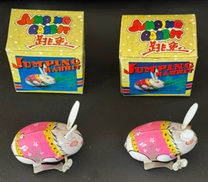 TWO Vintage Metal Windup Jumping Rabbit Toy in Boxes With Attached Keys Easter - Picture 1 of 6