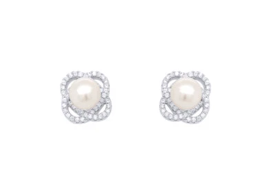 Round Cut Pearl & Simulated Diamond 14K White Gold Plated Silver Flower Earrings - Image 1 of 4