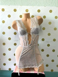 Victoria Secret Dream Angels Light Pink Shiny Mesh Lace Garters Corset Teddy NWT - Picture 1 of 3
