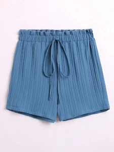 Women's Denim Shorts Pleated Plus Size Loose Ruffle Lace Belt High Waist Shorts - Picture 1 of 3