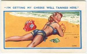 GETTING MY CHEEKS WELL TANNED, GOMEZ - Seaside Saucy Comic Postcard - Picture 1 of 2