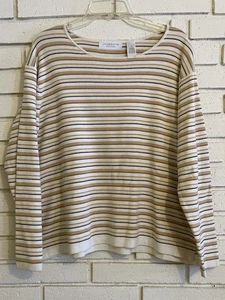 Top donna Liz Claiborne girocollo a righe manica lunga colore marrone e bianco taglia 1X - Foto 1 di 5