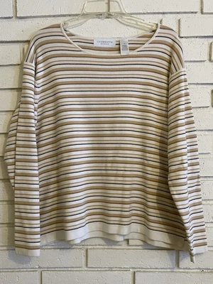 Top Liz Claiborne Mujer Rayas Cuello Redondo Manga Larga en Tostado y Blanco Talla 1X Foto 1 de 4