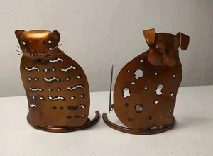 2er Set Metall Kunst Katze Kätzchen & Hund Welpe Kerzen- oder Votivhalter 4,5 Zoll  - Bild 1 von 7