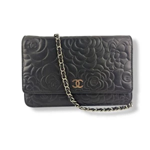 CHANEL Lambskin Quilted Camelia Wallet On Chain WOC Black Handbag - Picture 1 of 12