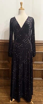 ModCloth Maxi Dress Womens Velvet Long Sleeve Black Whimsical Art Deco Print M 8 - Image 1 of 4