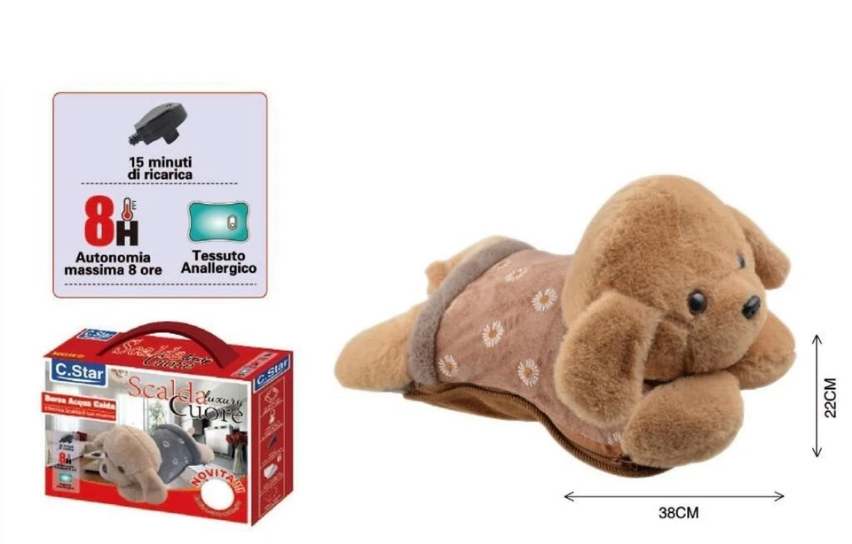 BORSA ACQUA CALDA ELETTRICA PELUCHE CAGNOLINO MORBIDO FREDDO SCALDINO NATALE - Immagine 1 di 1